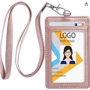 2 Pack Leather ID Badge Holder, Lanyards for ID Badges - Rose Gold